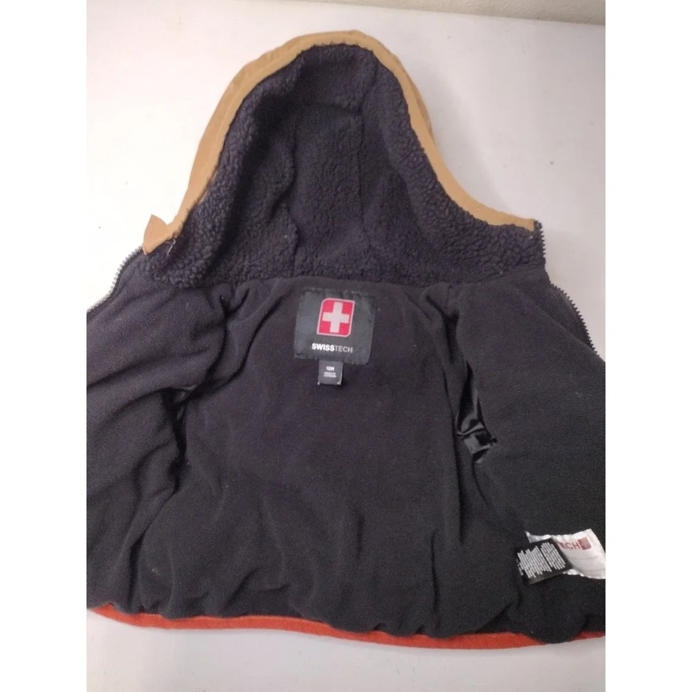 Swiss Tech Baby Kids Colorblock Puffer Jacket Hooded Fleece Lined 12M Orange Tan